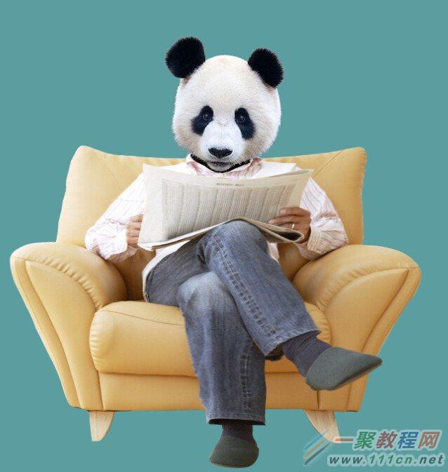 场景合成，合成一张在读报纸的熊猫人场景_