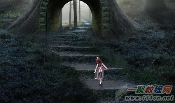 童话场景，合成爱丽丝漫游仙境的小人国场景